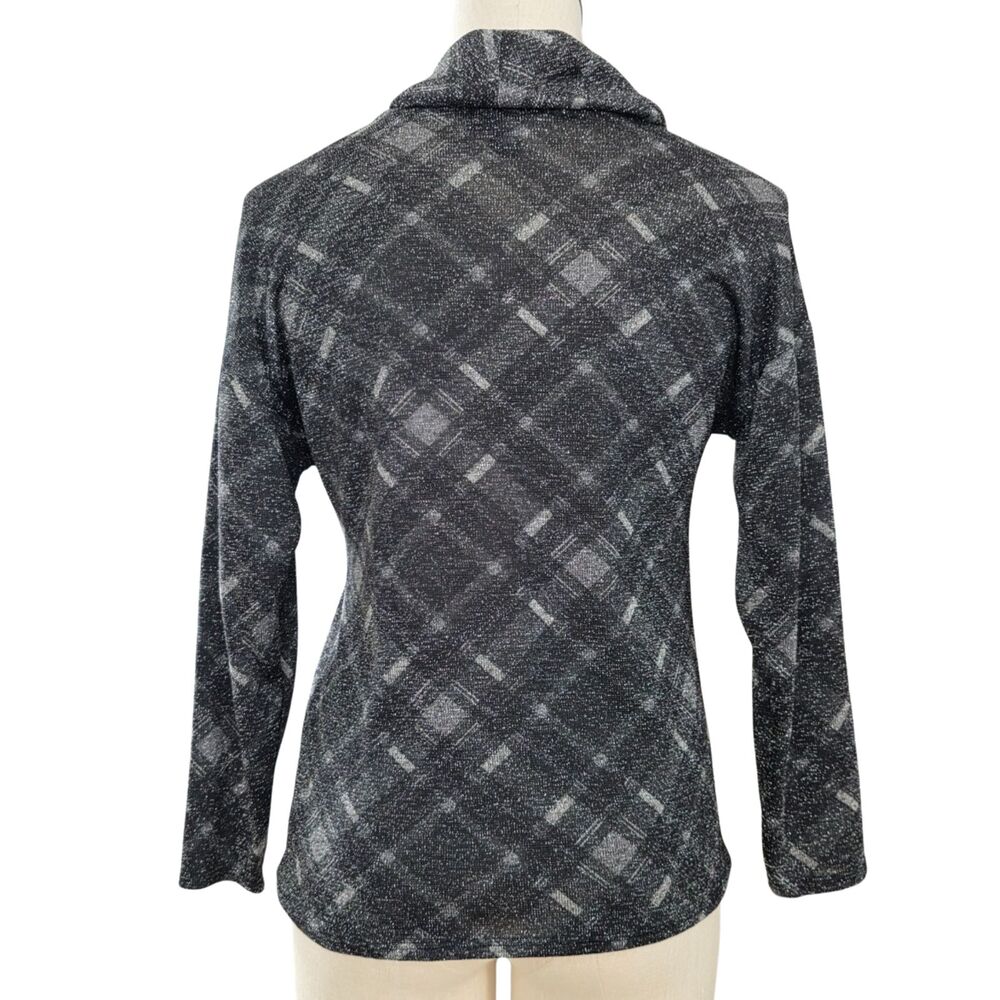 AGB Black Silver Plaid Cowl Neck Side Tie Sparkle Lightweight Sweater Top PS - Picture 2 of 6